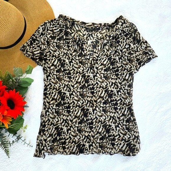 Talbots Women's Sheer Blouse Size 10 Brown Ivory Abstract Animal Short Sleeves - Picture 12 of 12